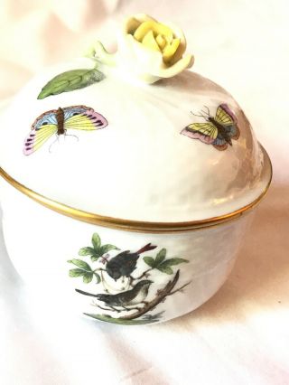 Vintage Herend Rothschild Bird Round Covered Trinket Dish With Rose Handle