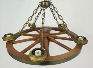 Vintage Wooden Brass Wagon Wheel Chandelier Light Fixture Hanging 26 