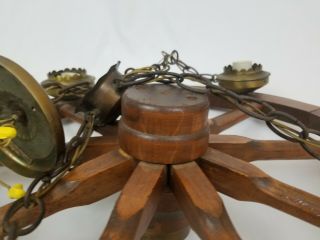 Vintage Wooden Brass Wagon Wheel Chandelier Light Fixture Hanging 26 