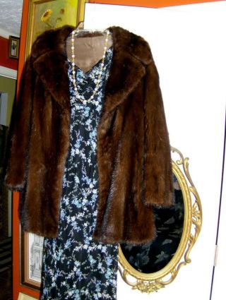 Vintage Brown Mink Fur Winter Coat Jacket 2 Pockets Collar Small Petite
