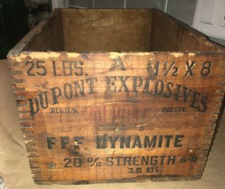Vintage Wooden Dovetail High Explosives Crate Dupont Dynamite Dangerous Wood Box