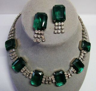 Vintage 1980s Big Emerald - Green Clear Glass Rhinestone 18 " Necklace Earrings Set