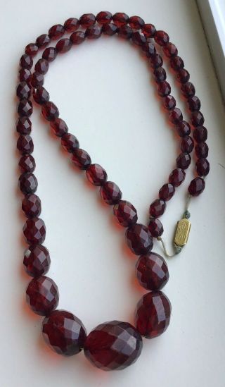 Vintage Faceted Cherry Red Amber/bakelite Gradutated Bead Long Necklace