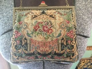 Antique Vintage Tapestry Purse Evening Bag Pink Roses Blue Bows Birds Carnelian