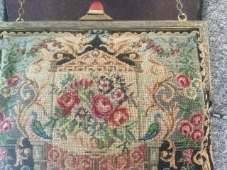 Antique Vintage Tapestry Purse Evening Bag Pink Roses Blue Bows Birds Carnelian 4