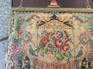 Antique Vintage Tapestry Purse Evening Bag Pink Roses Blue Bows Birds Carnelian 5