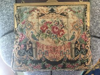 Antique Vintage Tapestry Purse Evening Bag Pink Roses Blue Bows Birds Carnelian 7
