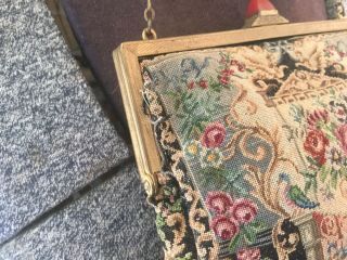 Antique Vintage Tapestry Purse Evening Bag Pink Roses Blue Bows Birds Carnelian 8
