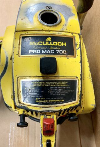 Vintage McCulloh Chainsaw Pro Mac 700 Parts Engine Turns W/ Bar 4