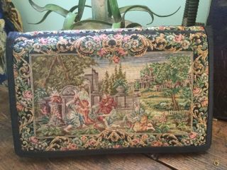 Antique Austria Tapestry Clutch Purse Evening Bag With Card Case Mirror Lighter