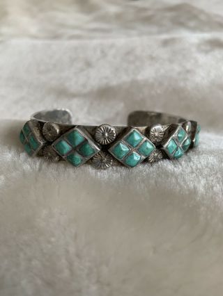 Vintage Navajo Indian Signed By Jefferson Lee Silver And Turquoise Cuff Bracelet