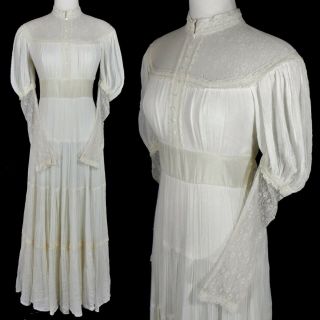 Vtg 70s Gunne Sax Gauze Sheer Lace Victorian Prairie Boho Maxi Dress M Wedding