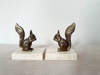 Vintage Art Deco Marble Bookends - 1930s Spelter Squirrel French