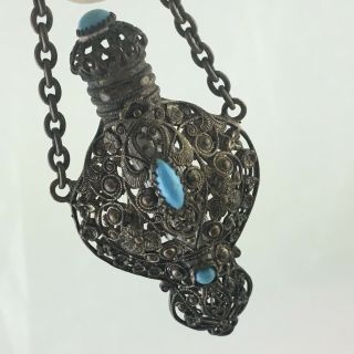 Vintage Silver Tone Caged Perfume Bottle Turquoise Glass Filigree Pendant