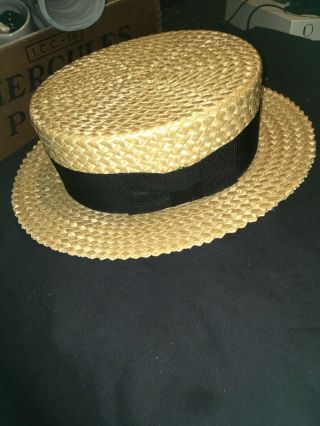 Vintage " Roaring Twenties " Mens Straw Boater Hat Custom Made In Usa Hoggans 73/8
