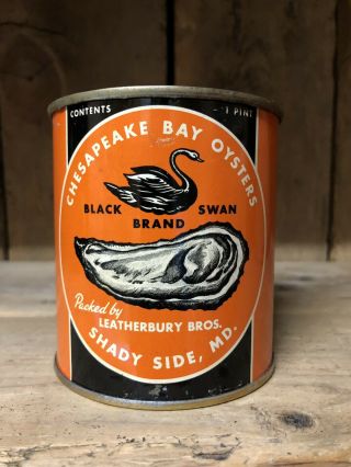 Vintage Black Swan Brand Oyster Tin Can Pint Size Chesapeake Bay Shady Side Md