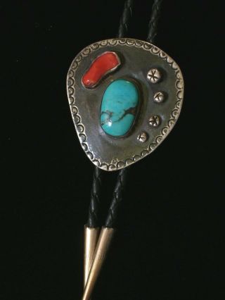 Vintage Navajo Sterling Silver Bolo Tie With Turquoise And Coral