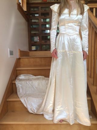 Vintage Wedding Gown XS Off White Ivory Thick Satin Long Sleeve Dress w/ Train 2