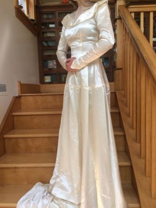 Vintage Wedding Gown XS Off White Ivory Thick Satin Long Sleeve Dress w/ Train 3