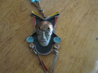 Vintage Mexico Mayan Aztec Warrior Face Metals Pendant Stone Chain Necklace