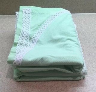 Matouk John Vintage Twin Blanket Cover Green White Swiss Dots & Lace USA Made 7