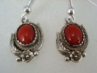 Vintage Navajo Sterling Silver Squash Blossom & Red Coral Dangle Earrings