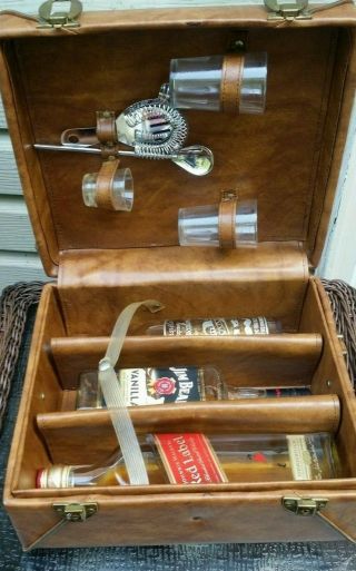 Vintage Portable Travel Mini Bar Leather Carry Case W/3 - Bottle Slots