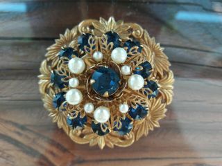 Vintage Miriam Haskell Blue Rhinestone/faux Pearl Brooch Gold Tone Signed Vgvc