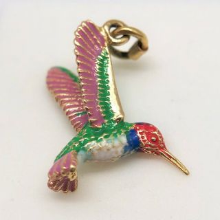 Vintage Painted Hummingbird Pendant Charm 14k Yellow Gold Enamel 14k Link Lock