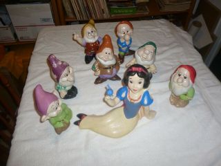 Rare Vintage Snow White And The Seven Dwarfs Ceramic Figurine Set Walt Disney