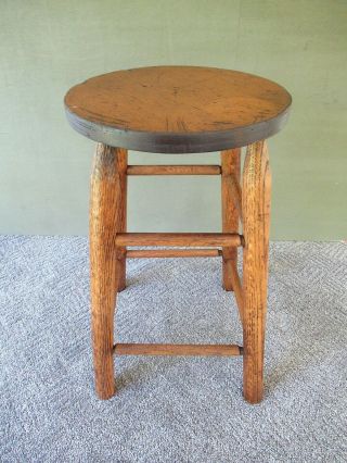 Vintage Stool Primitive Oak Wood 24 " Tall Round 13 " Seat 4 - Leg Stand Country