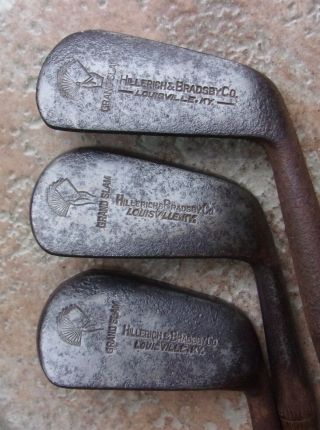3 Antique Vintage Hillerich & Bradsby Grand Slam Hickory Wood Shaft Golf Clubs