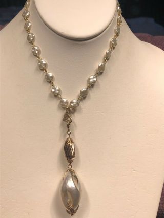 Vintage Estate Emmons Gold Tone Chain Necklace Glass Pearl Pendant