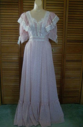 Gunne Sax Vintage 70s Dress Sz Xs S Long Pink Floral Prairie Corset Bodice Lace