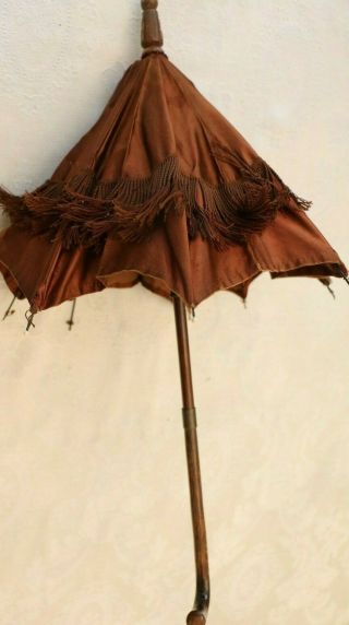 Antique Silk Parasol With Turquoise Inlaid Wooden Handle,  20 In,  Child Or Doll