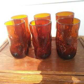 Vintage Blenko Crackle Glass Amber Pinched Tumblers 418 L (authentic)