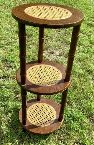Vtg Wooden Wood Tiered Plant Stand Display Pedestal Wicker End Table