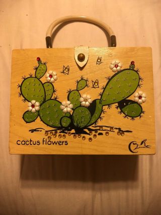 Rare Enid Collins Of Texas Wood Box Bag Jeweled Purse Cactus Flowers