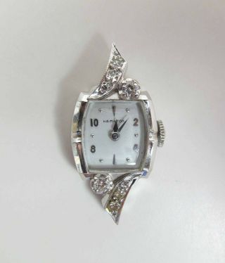 Vintage 14k White Gold Diamond Encrusted Hamilton Ladies Wristwatch