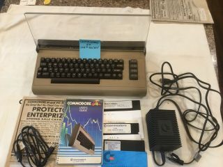 Vintage Commodore 64 With Keyboard Cover,  Power Supply,  User Guide,  Disks,  Cable