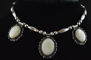 Vintage Sterling Silver Beaded Necklace W 3 White Stones - 35g