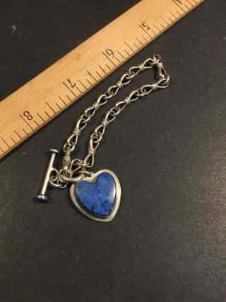 Vtg Native American Sterling Silver Lapis Heart Chain Bracelet