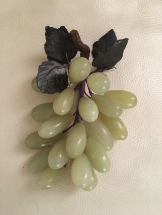 Vintage Chinese Very Light Green Jade Grape Bunch Brown Carved Leaves Nephrite