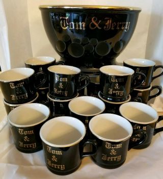 Vintage Hall Pottery Black Tom & Jerry Set - Bowl And 21 Cups - Gold Trim - Exce