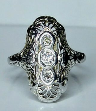 Antique Art Deco 1/10 Carat Natural Diamond Ring 18k Wg Three Stone W/ Sizing