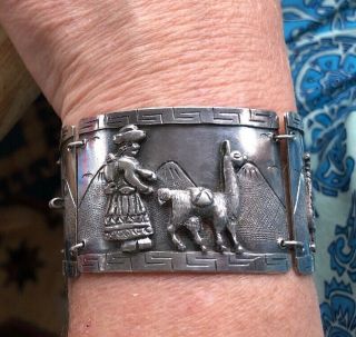 Wide Antique Vtg Signed Peru 925 Sterling Silver Inca Panel Bracelet
