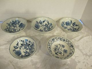 4 Vintage Blue Danube Bowls & 1 Other Unmarked,  All W/blue Onion Pattern