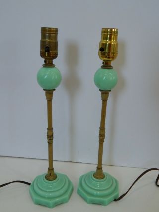 2 Vtg Jadeite Green Glass Art Deco Table Lamps Boudoir Antique Pair