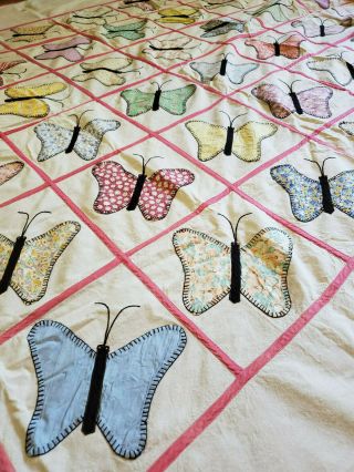 Vintage 1940 ' s Feedsack Butterfly Applique Summer Bedspread Quilt top 76x100 3