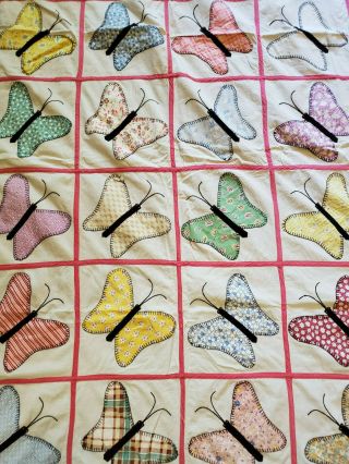 Vintage 1940 ' s Feedsack Butterfly Applique Summer Bedspread Quilt top 76x100 5